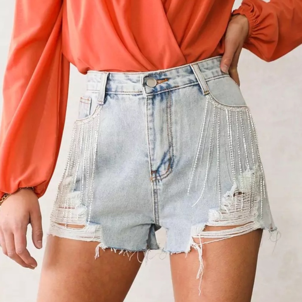 Blue B High Rise Denim Shorts with Rhinestones